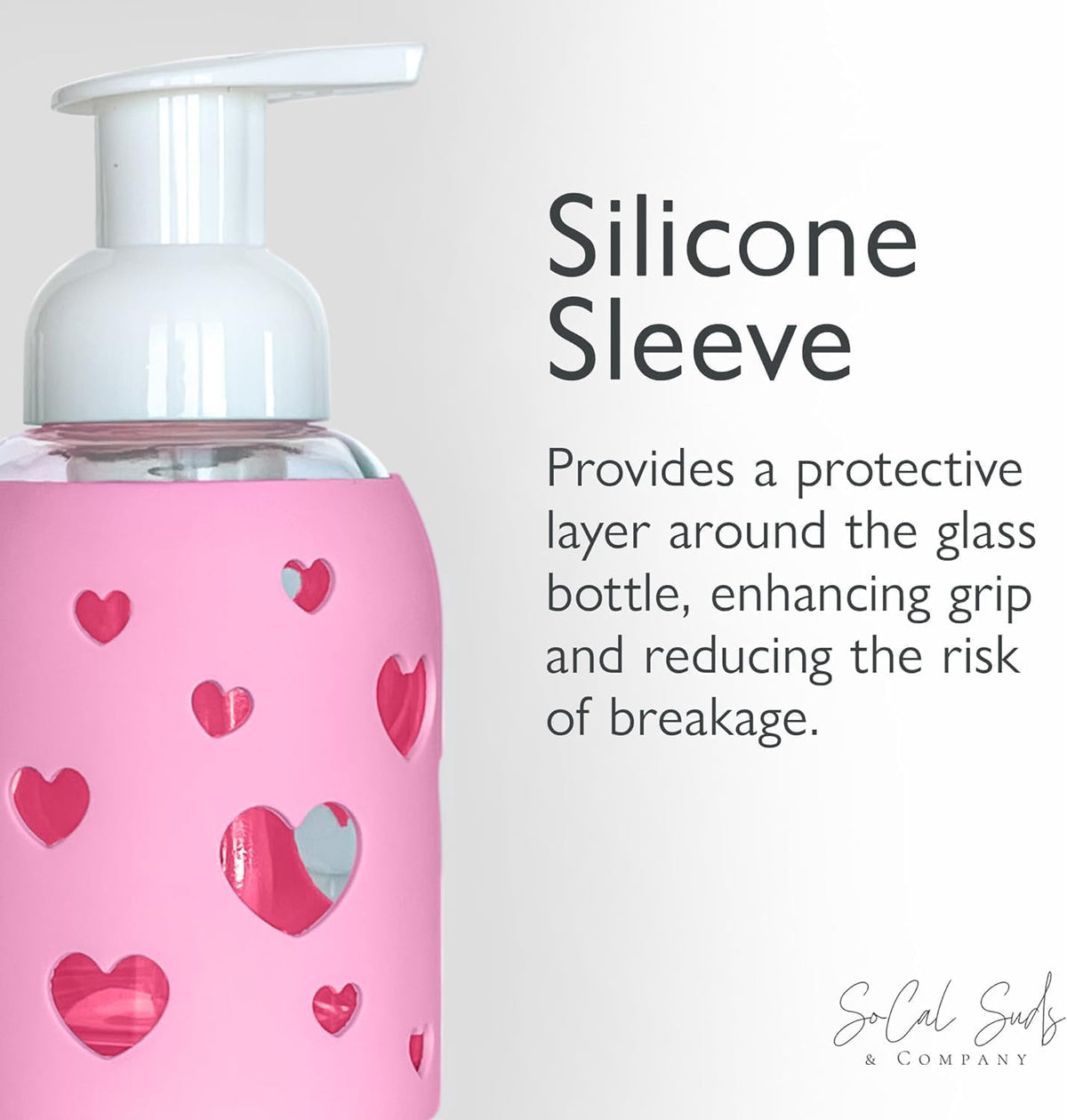 SoCal Suds & Company Glass Foaming Hand Soap Dispenser, Heart Silicone Sleeve, Refillable Pump