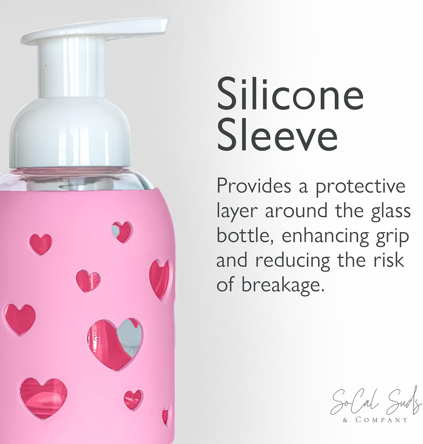 SoCal Suds & Company Glass Foaming Hand Soap Dispenser, Heart Silicone Sleeve, Refillable Pump