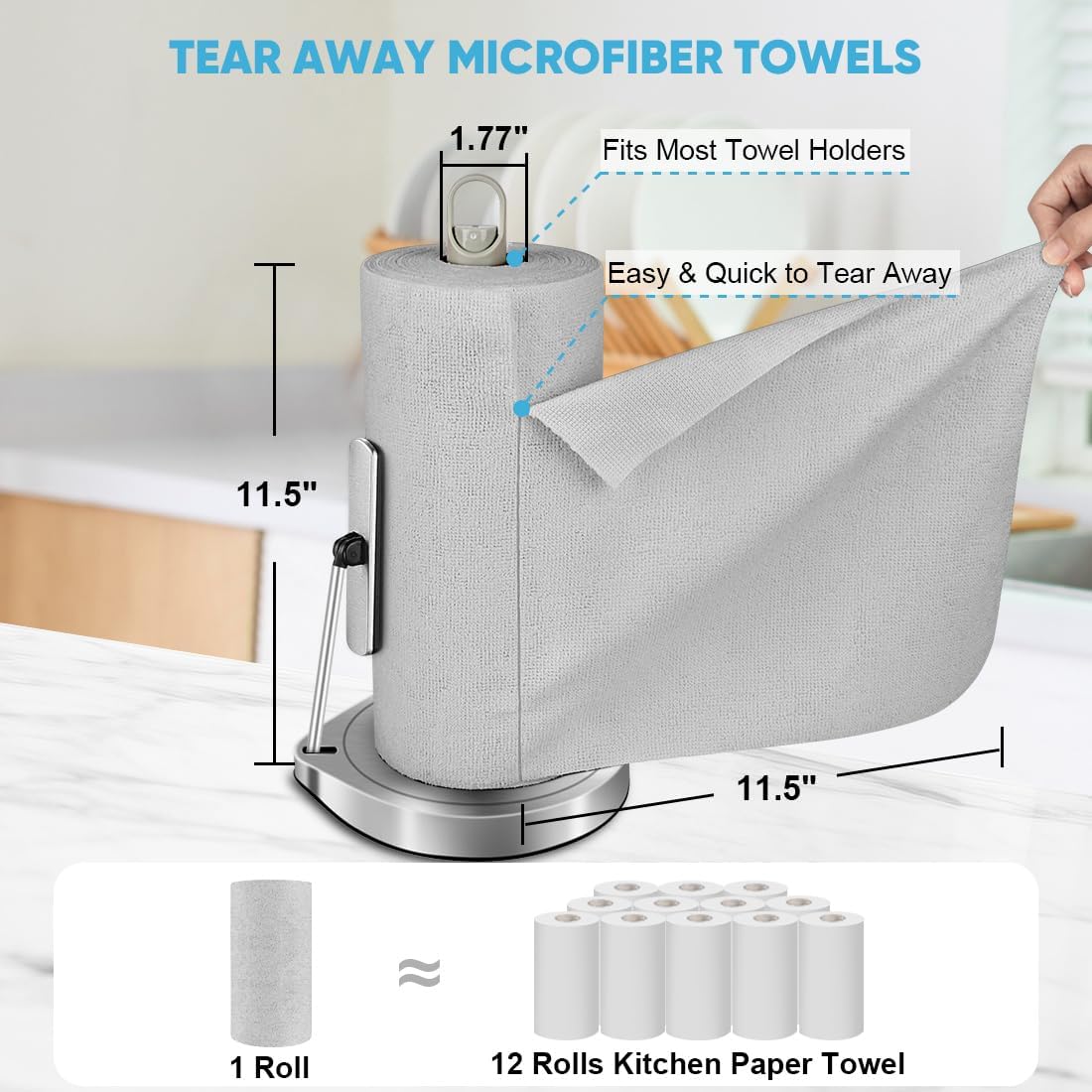 AIDEA Microfiber Cleaning Cloth Roll, 50PK, Paper Towels Reusable Grey Tear Away Towels, Washable