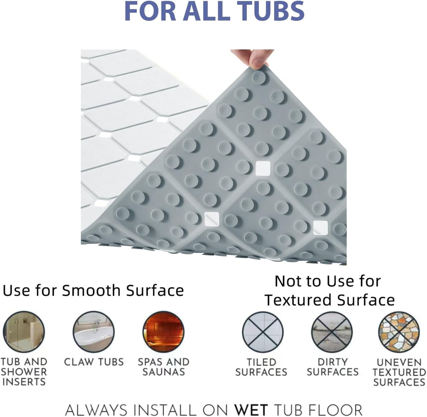 Bathtub Mat Non Slip Silicone Foldable Extra Long Tub Mat Strong Suction Cups & Large Drain Holes