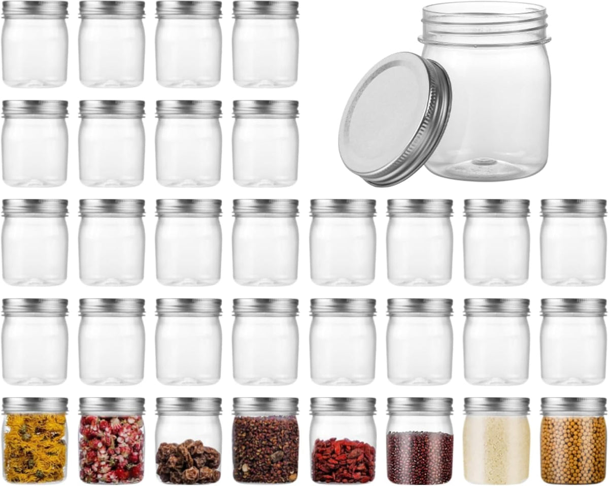 Plastic Mason Jars Reusable Storage Containers with Silver Airtight Lid 8 Ounce Clear Jars for Dry
