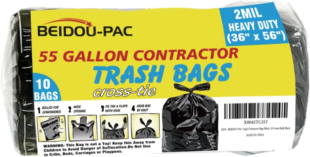 Contractor Heavy Duty Trash Bags 55 Gallon | 10 Count | 2 MIL | 36" X 56" | Large Black Flap Tie