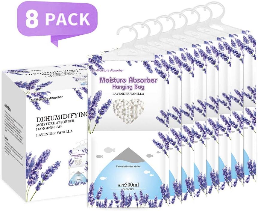 CANAGER Hanging Moisture Absorber, Lavender Vanilla Moistureproof Hanging Bag，Dehumidifier Bag (8
