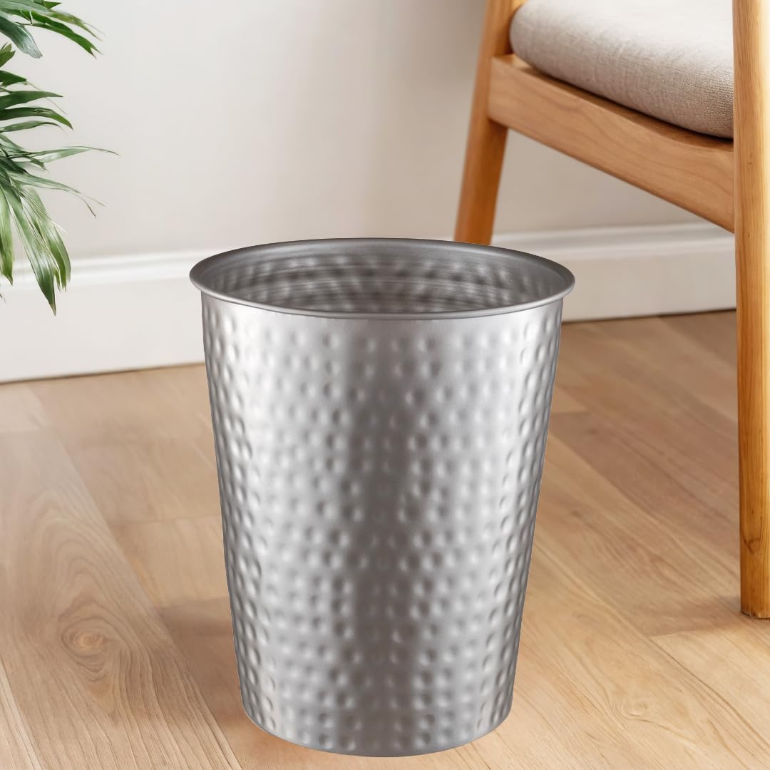 Monarch Abode Pewter Hand Hammered Metal Wastebasket for Home Office Bedroom, Decorative Waste