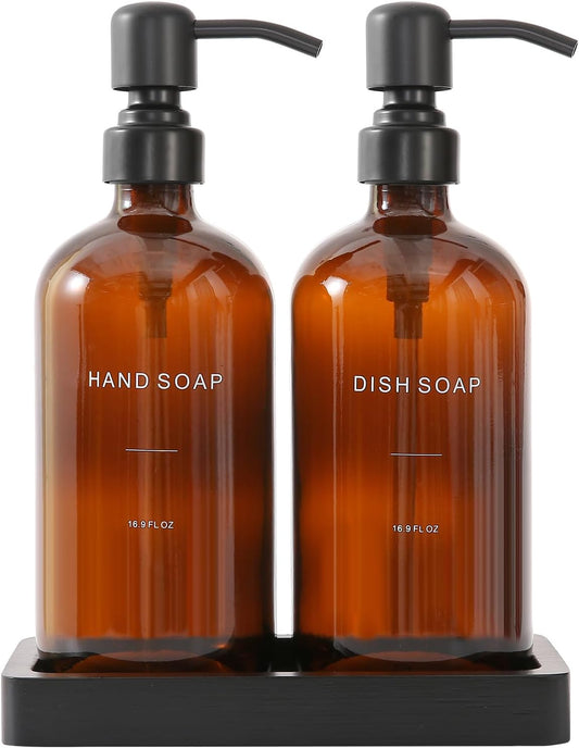 Amber Soap Dispenser Set, Soap Dispenser for Kitchen Sink with Black Stainless Steel Pump, Perfect