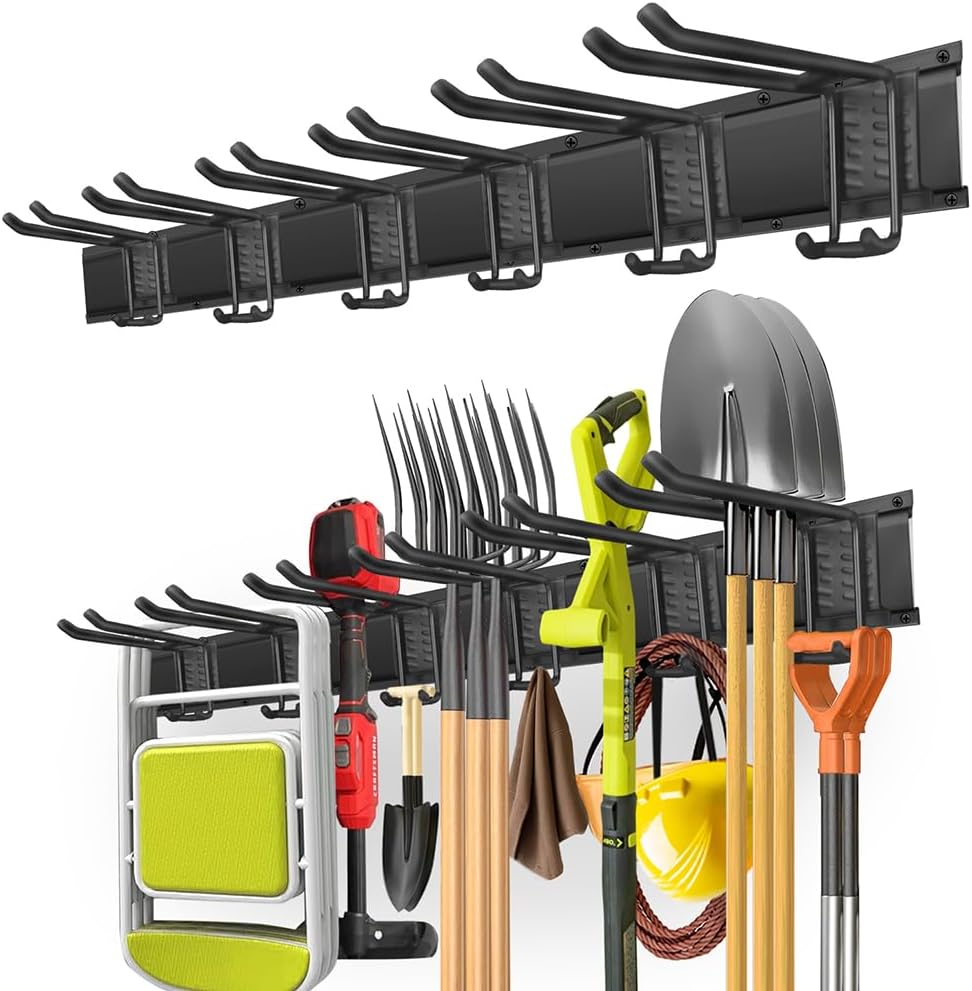 Garage Tool Organizer Wall Mount with 48 inches Rails and 6 Double-layer Hooks, Garden Tool Rack