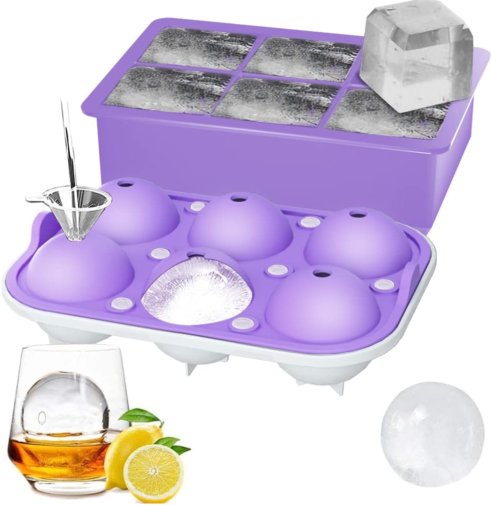 ROTTAY Ice Cube Trays (Set of 2), Sphere Ice Ball Maker with Lid & Large Square Ice Cube Maker for