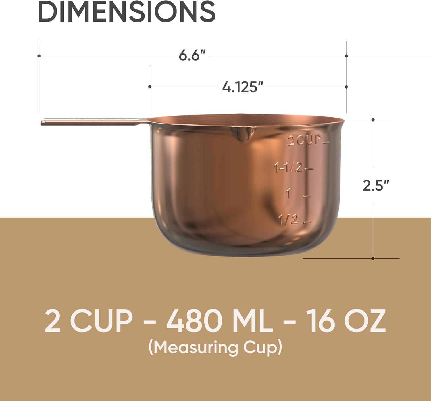 Color Up 2 Cup Measuring Cup, 480ml Copper Stainless Steel Metal Measuring Scoop, Easy-Pour Spouts