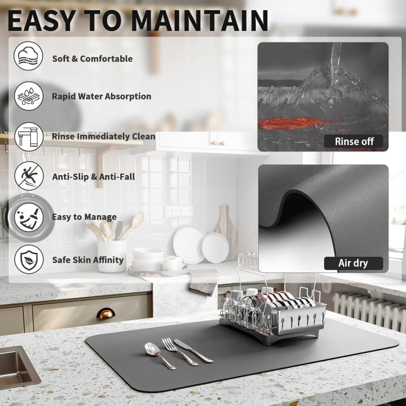Dish Drying Mat for Kitchen Counter, Heat Resistant Drainer Mats with Non-slip Rubber Backed, Hide