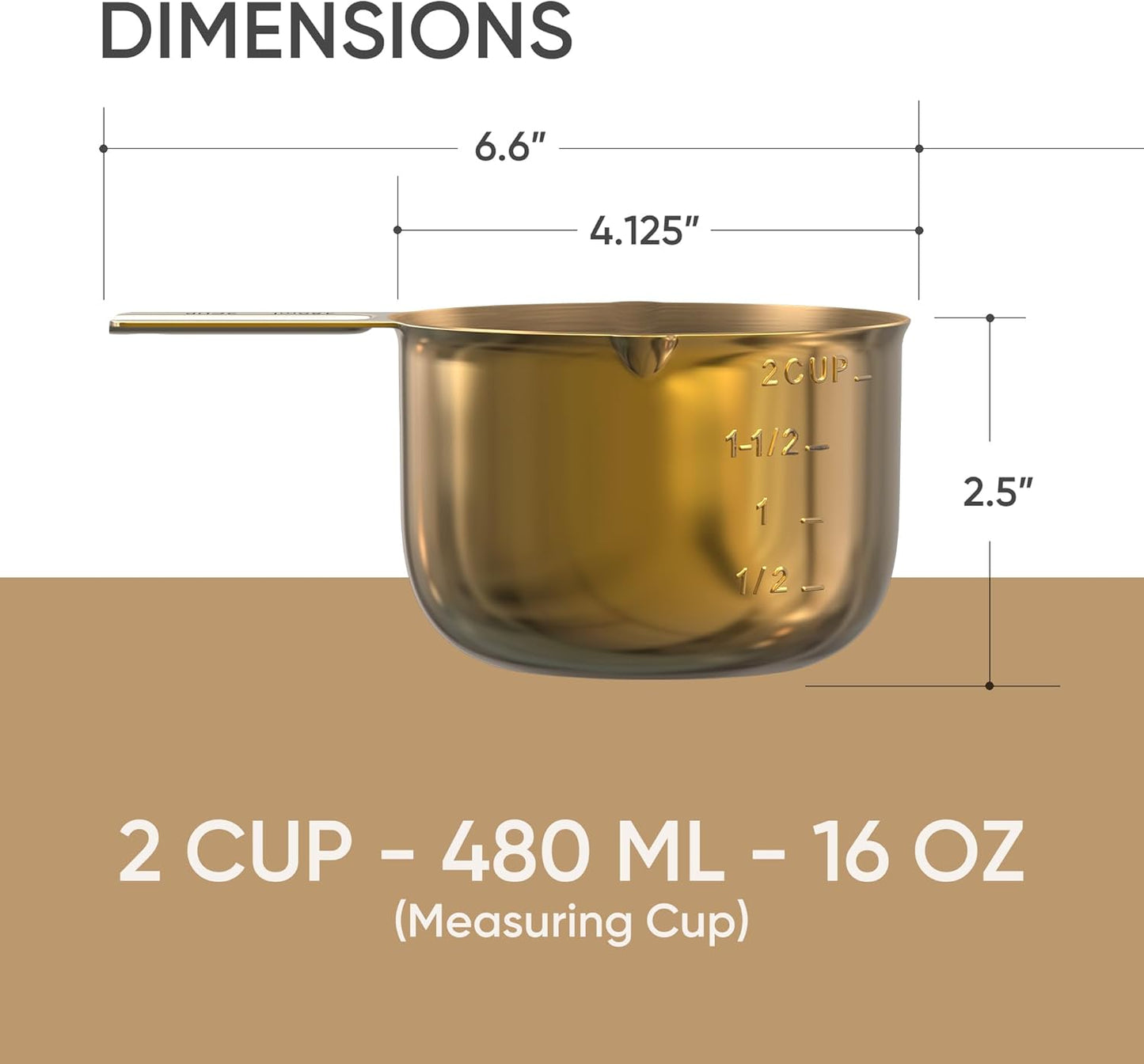 Color Up 2 Cup Measuring Cup, 480ml Gold Stainless Steel Metal Measuring Scoop, Easy-Pour Spouts