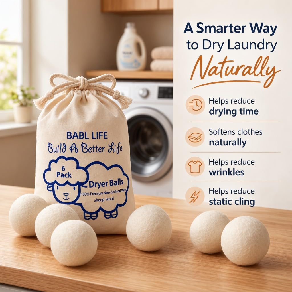 BABL LIFE Wool Dryer Balls 6 Pack, 100% New Zealand Wool, Reusable Dryer Balls for Laundry, Natural