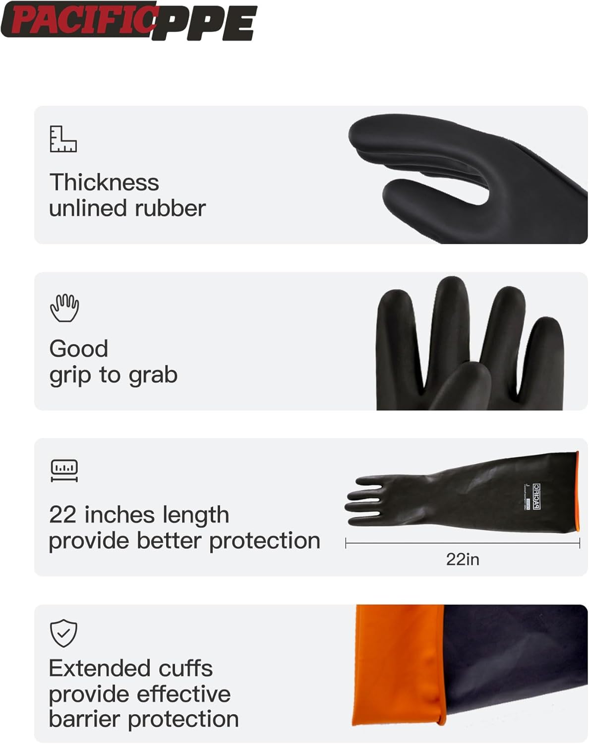 PACIFIC PPE Heavy Duty Latex Chemical Gloves, Strong Acid Resistance Rubber Gloves, Against Alkali