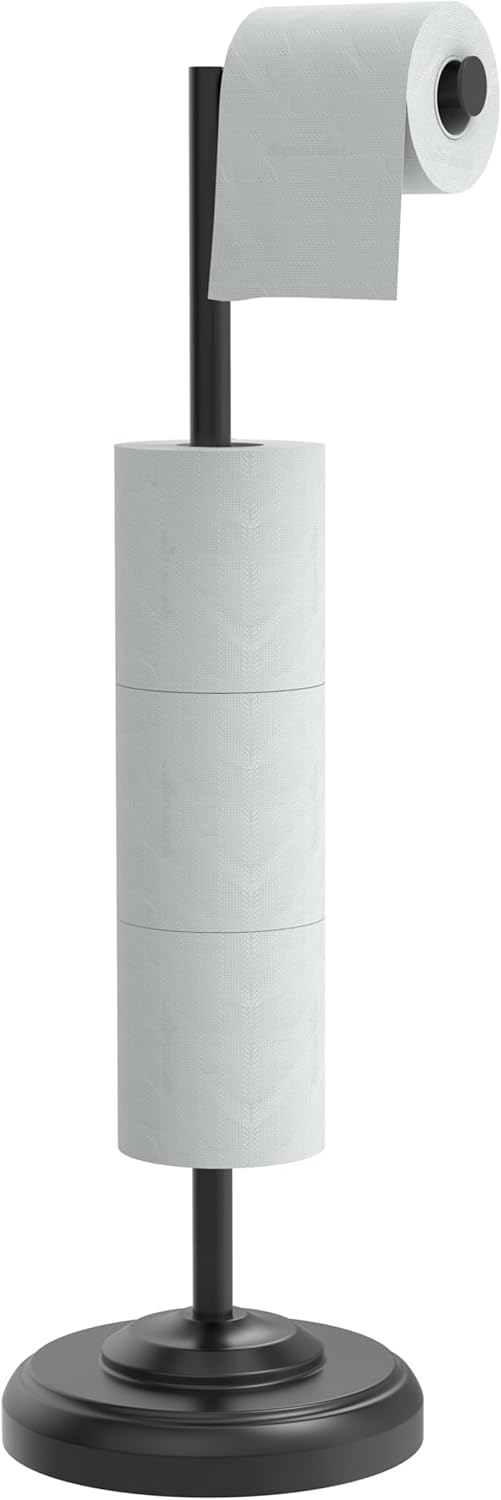 Freestanding Toilet Paper Holder Stand with Storage – Holds 4 Extra Rolls –Matte Black- Toilet