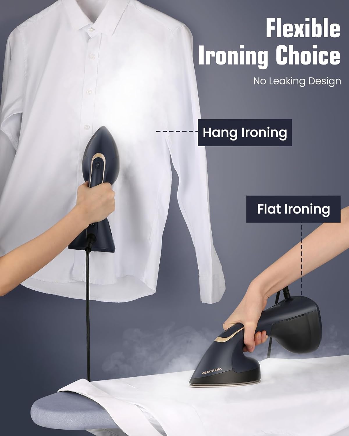 BEAUTURAL Steamer for Clothes, 2-in-1 Steam & Iron, 1200W Handheld Powerful Garment Fabric Wrinkle