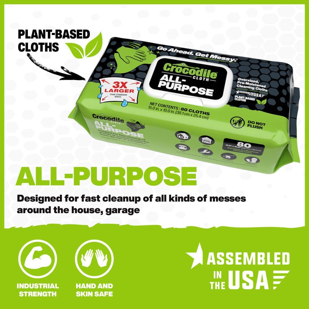 Crocodile Cloth All-Purpose Cleaning Wipes – 8 Pack/640 Total Count, 15"x10" Extra Large