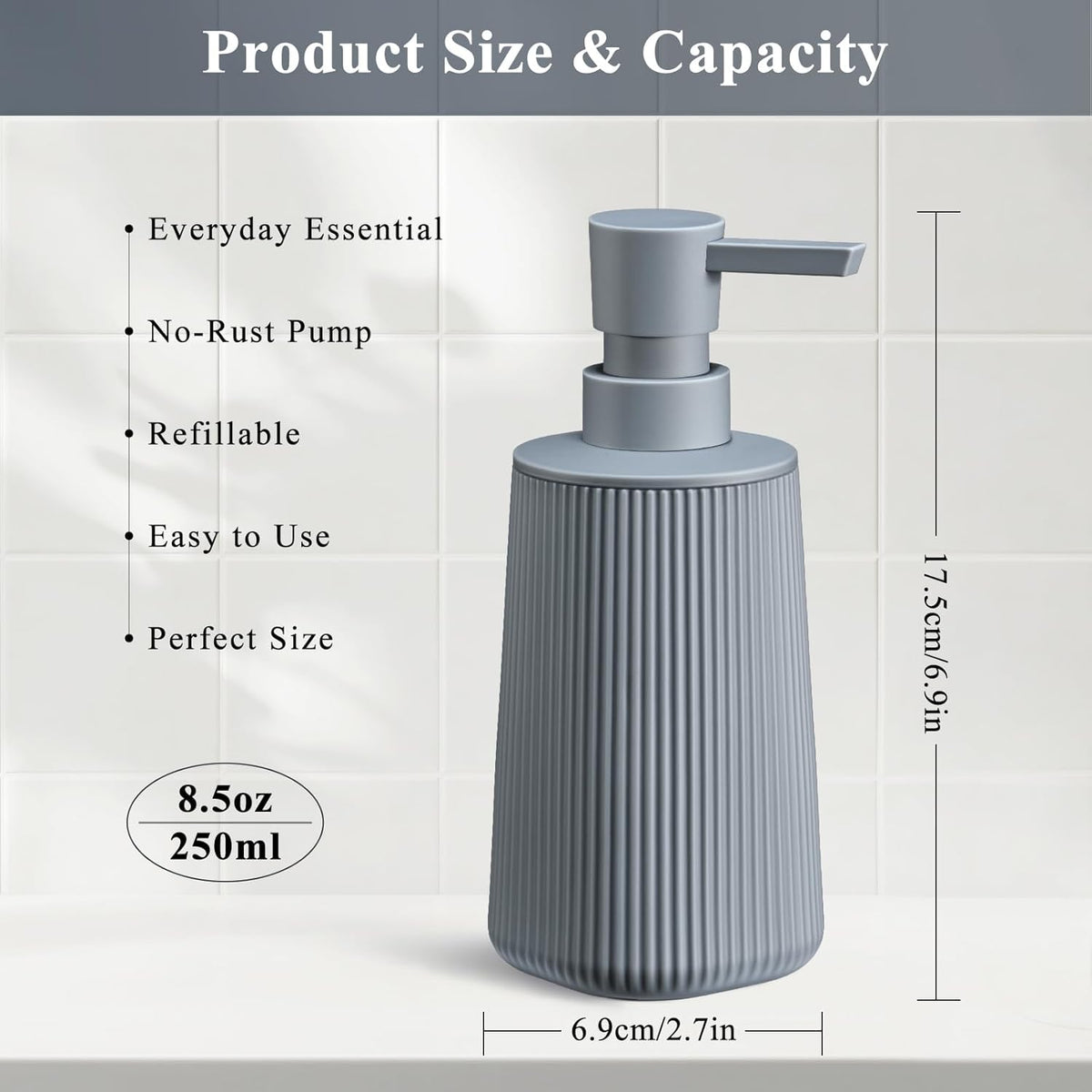 Gray Hand Soap Dispenser with No Rust Pump for Bathroom and Kitchen Countertops Refillable Striped