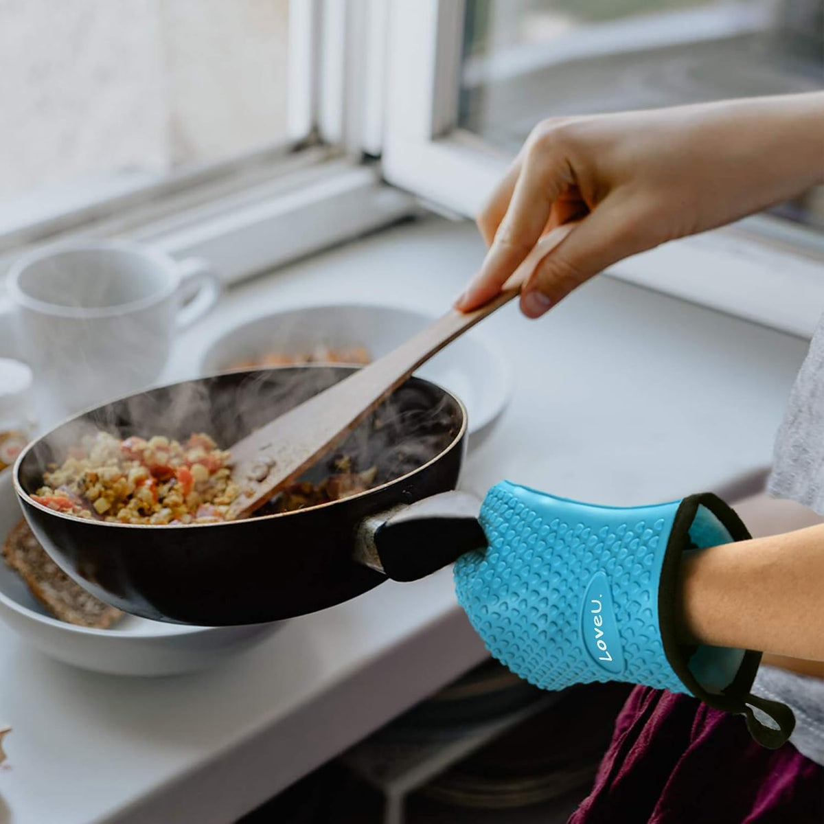 Kitchen Oven Gloves - Dual-Layer Heat Resistant Grilling Gloves, Silicone Oven Mitts with 5