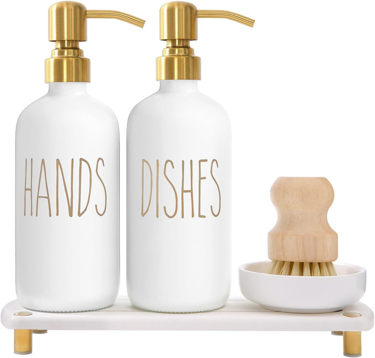 MOMEEMO Gold Soap Dispenser Set Comes with Stainless Steel Pumps, Instant Dry Tray, and Dish Scrub