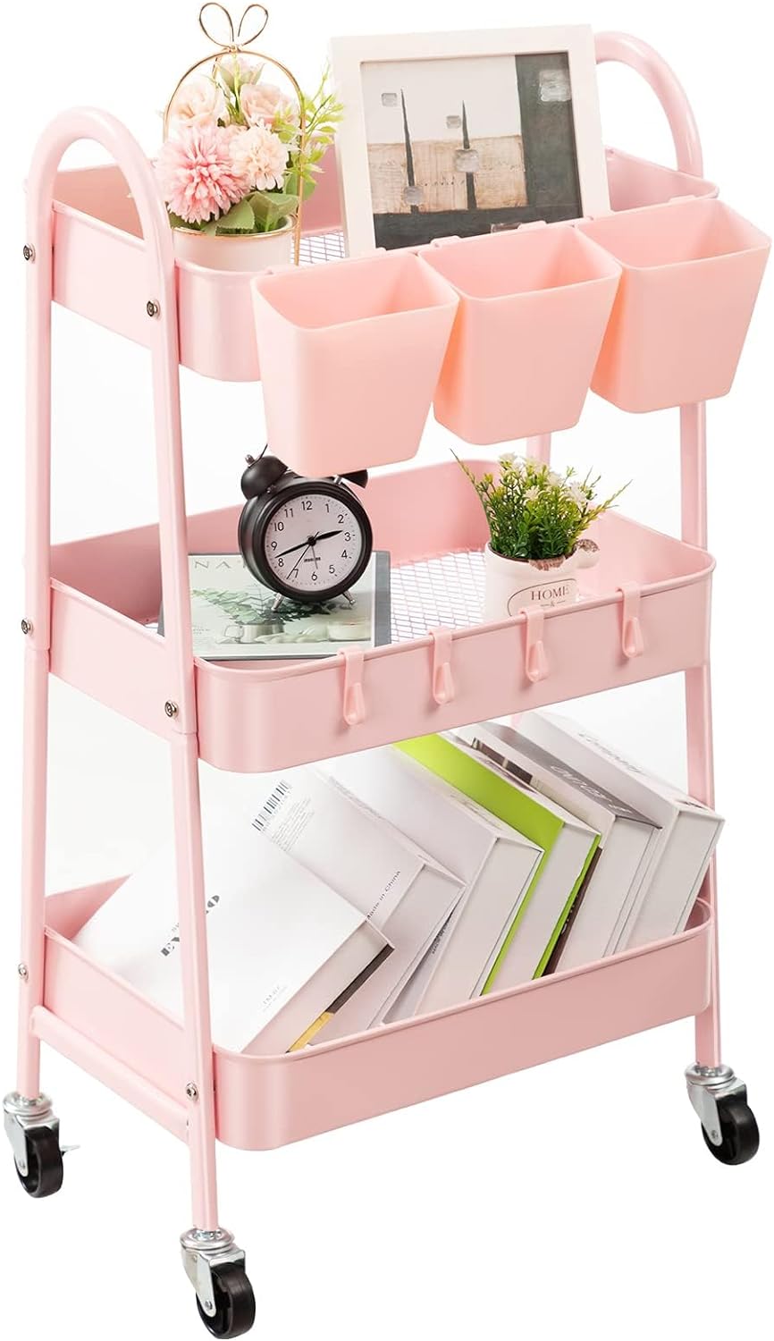 Danpinera 3-Tier Rolling Cart, Metal Storage Cart with Lockable Wheels, Hanging Cups & Hooks