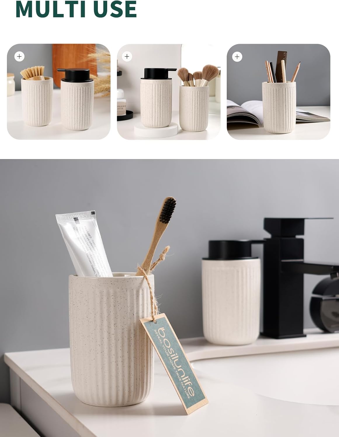 Bosilunlife Soap Dispenser and Toothbrush Holder Set - 11Oz Foam Soap Dispenser Pump Ceramic