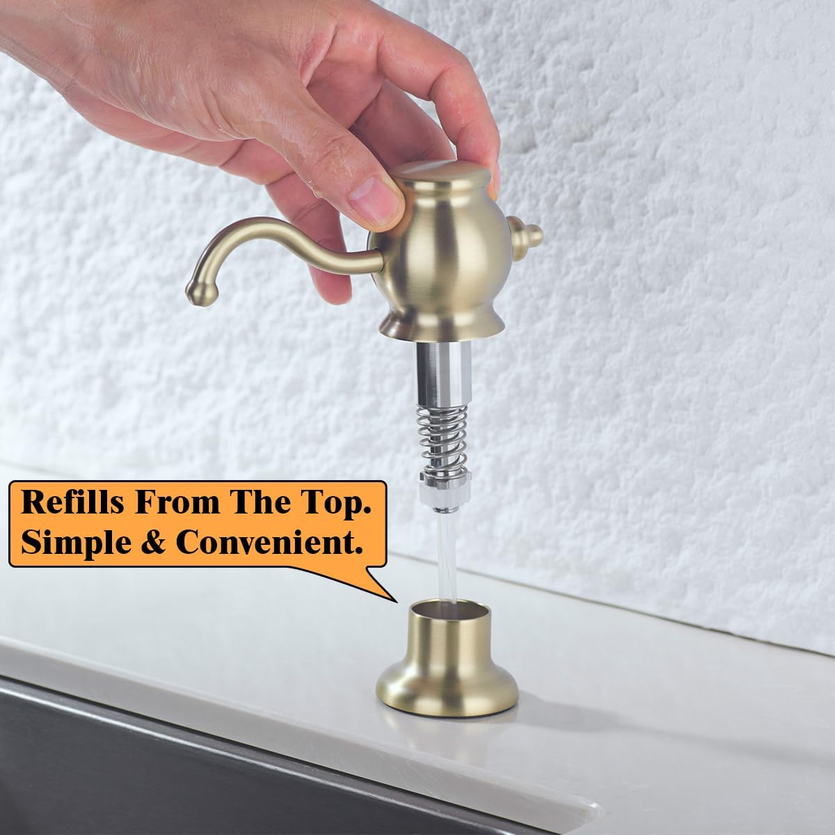 RANDOM Built in Sink Soap Dispenser for Kitchen Sink,Brushed Gold Solid Brass Pump Head with Soap