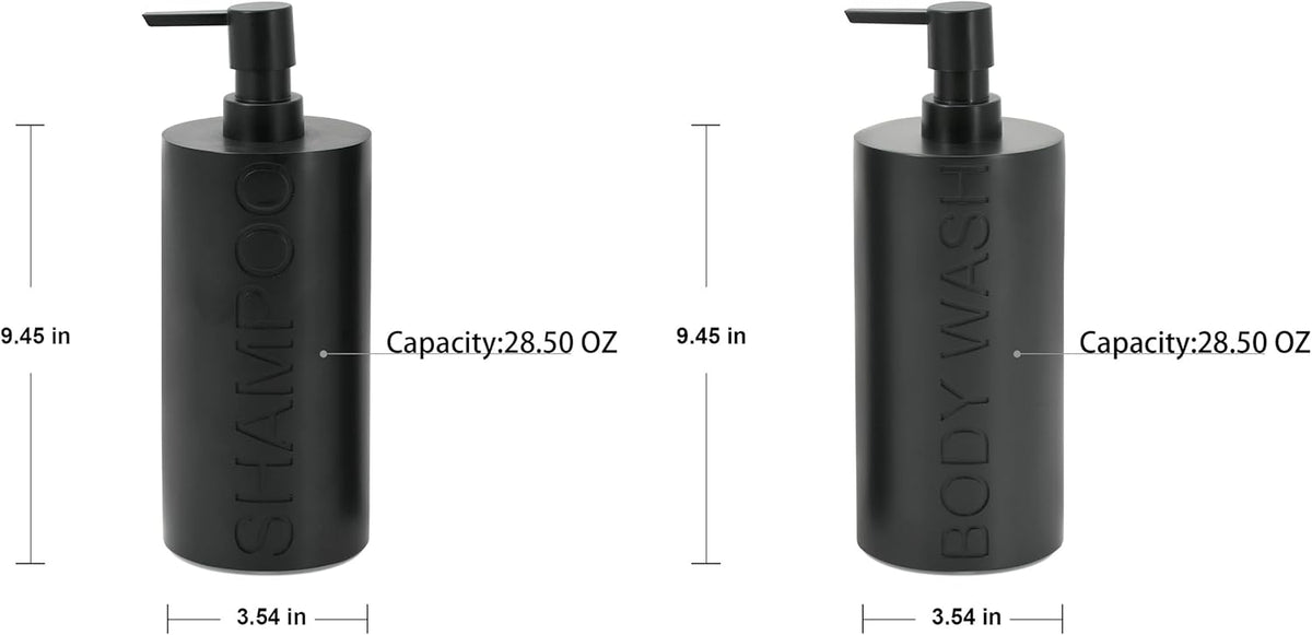 Matte Black Resin 2 Piece Shampoo and Body Wash Dispenser Set, Luxurious Refillable Pump Bottles