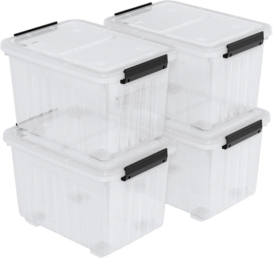 50 Quart Large Plastic Latching Box with Lid, Clear Storage Bin with Wheels, Stackable, 4 Packs