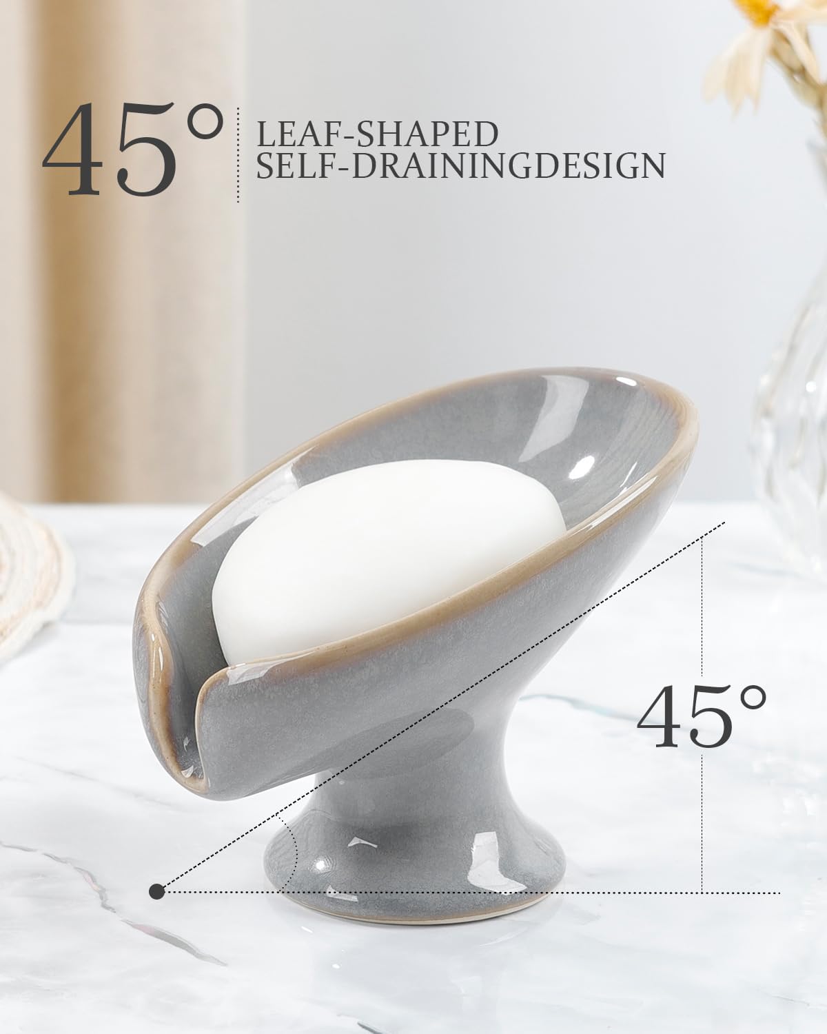 Soap Dish, Self Draining Bar Soap Holder for Bathroom Sink, Leaf Shaped Drainage Ceramic Porcelain