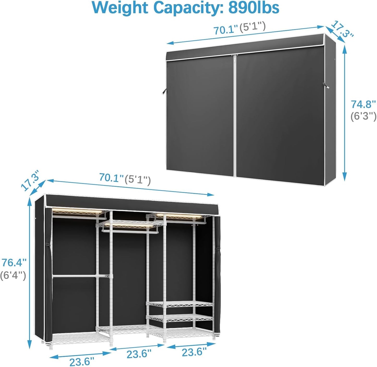 VIPEK V5LC Garment Rack Heavy Duty Covered Clothes Racks with Dimmable LED Light, 3000K Warm White