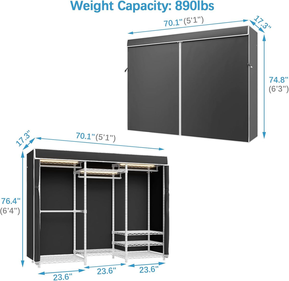VIPEK V5LC Garment Rack Heavy Duty Covered Clothes Racks with Dimmable LED Light, 3000K Warm White