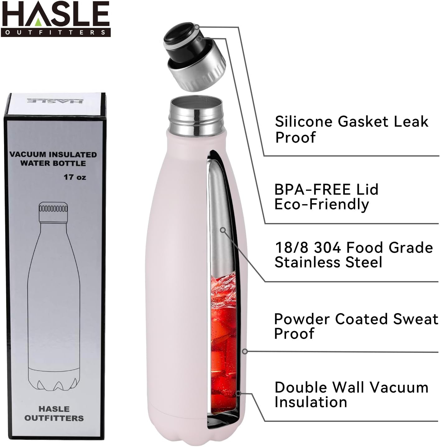 HASLE OUTFITTERS 17oz Stainless Steel Water Bottles Bulk, Vacuum Insulated Water Bottles Double