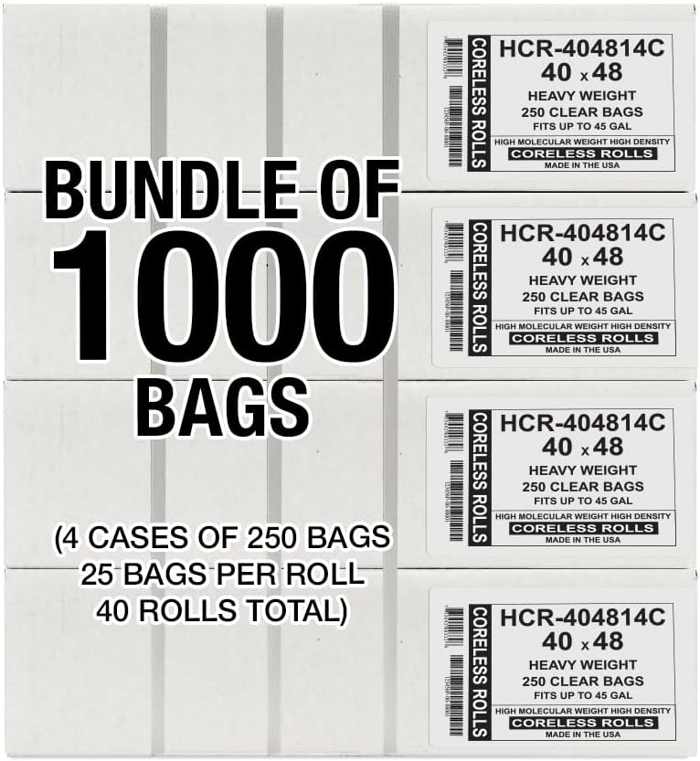 Aluf Plastics High Density Trash Bags, 45 Gallon, 1000 Count, 14 Micron (eq), 40" x 48", Clear, for