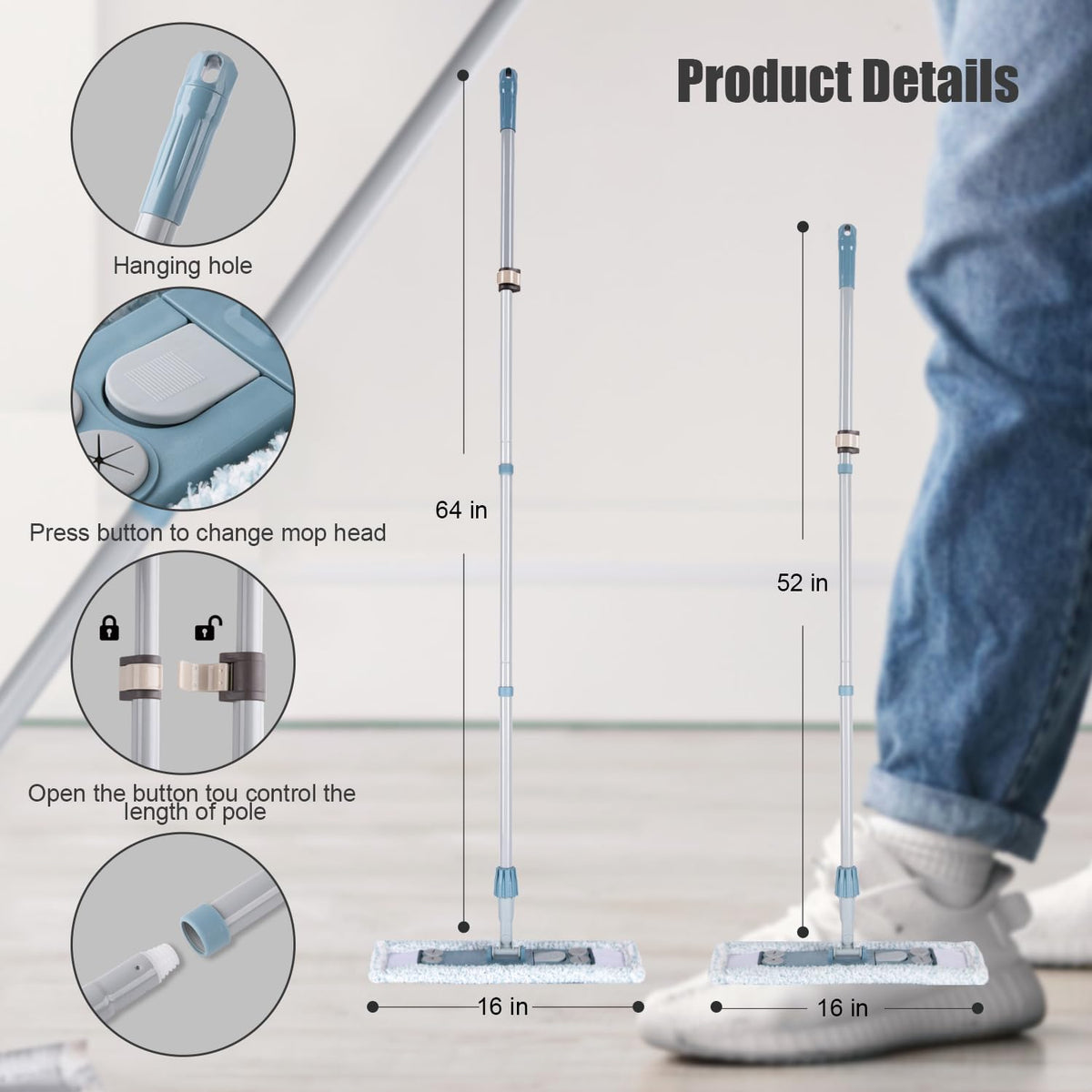 Dust Mop for Floor Cleaning,Magnetic Floor Flat Mop with 2 Washable Pads -Extendable 64‘’ Iron