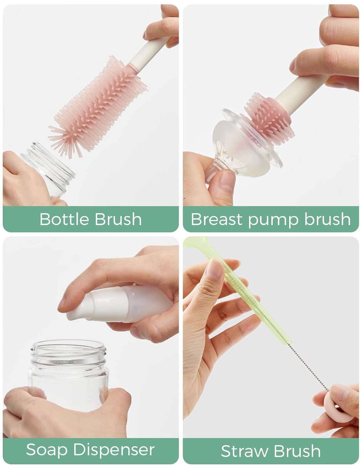 Momcozy Baby Bottle Brush Set, Cleaner Kit with Silicone Nipple Straw Brush, Soap Dispenser, Drying