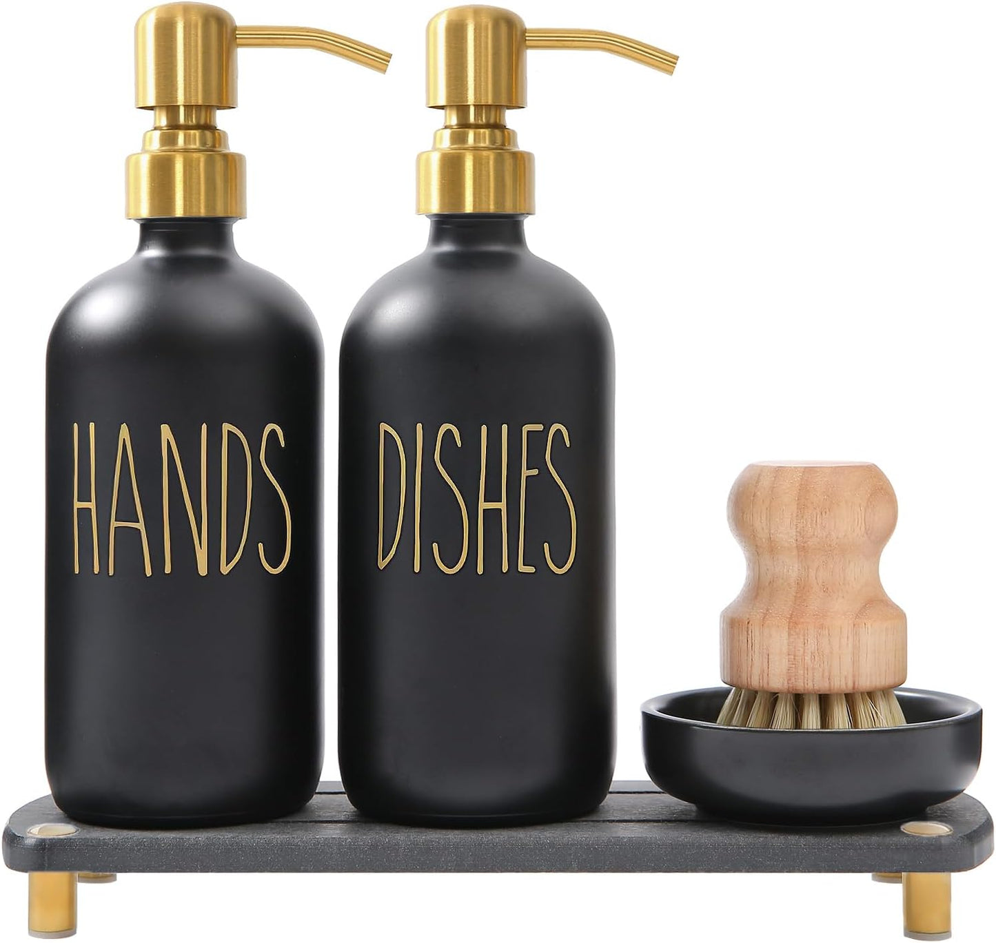 MOMEEMO Soap Dispenser Set Comes with Stainless Pumps, Instant Dry Tray, and Dish Scrub Brush