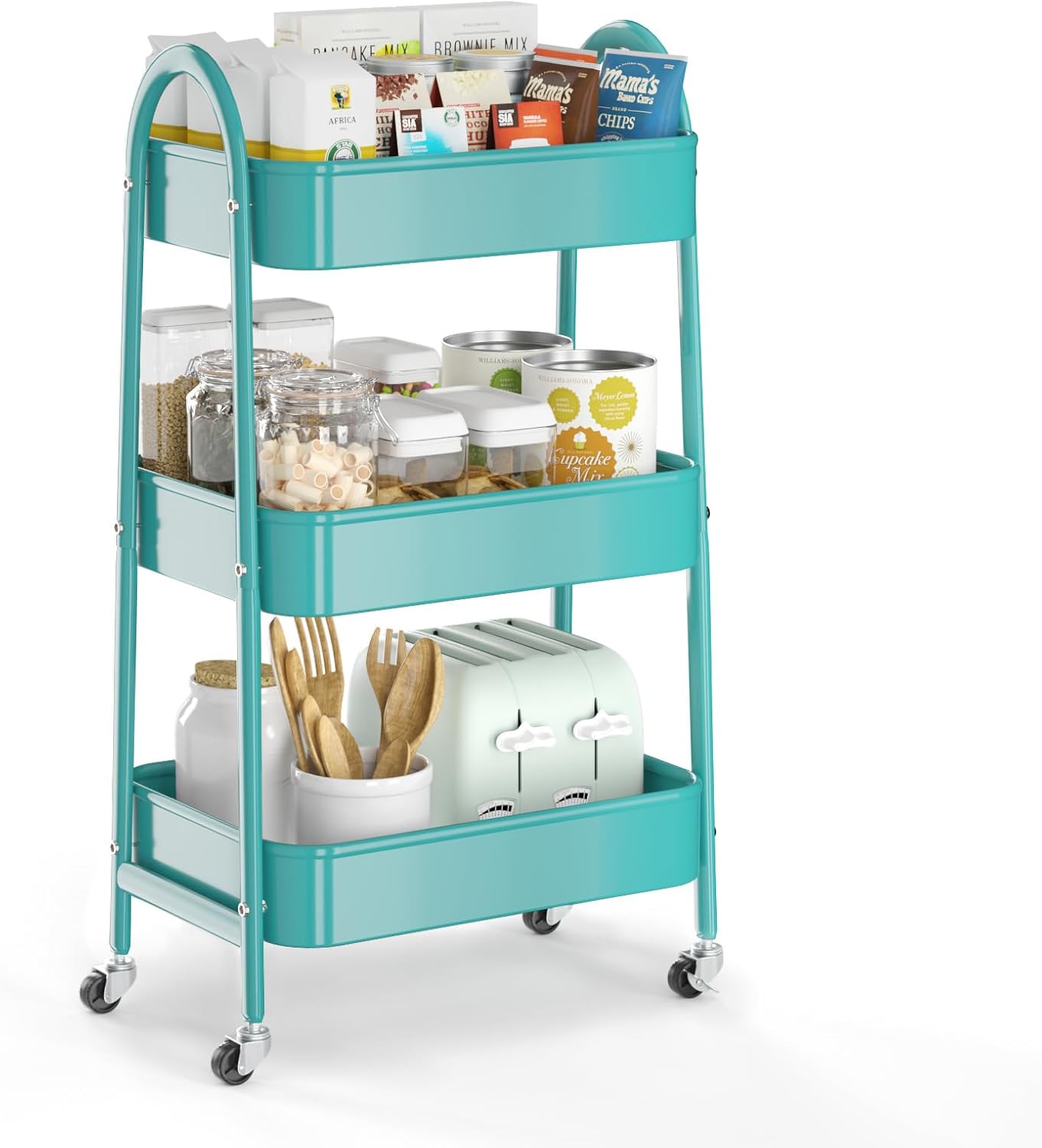 EAGMAK 3 Tier Utility Rolling Cart, Metal Storage Cart with Handle and Lockable Wheels