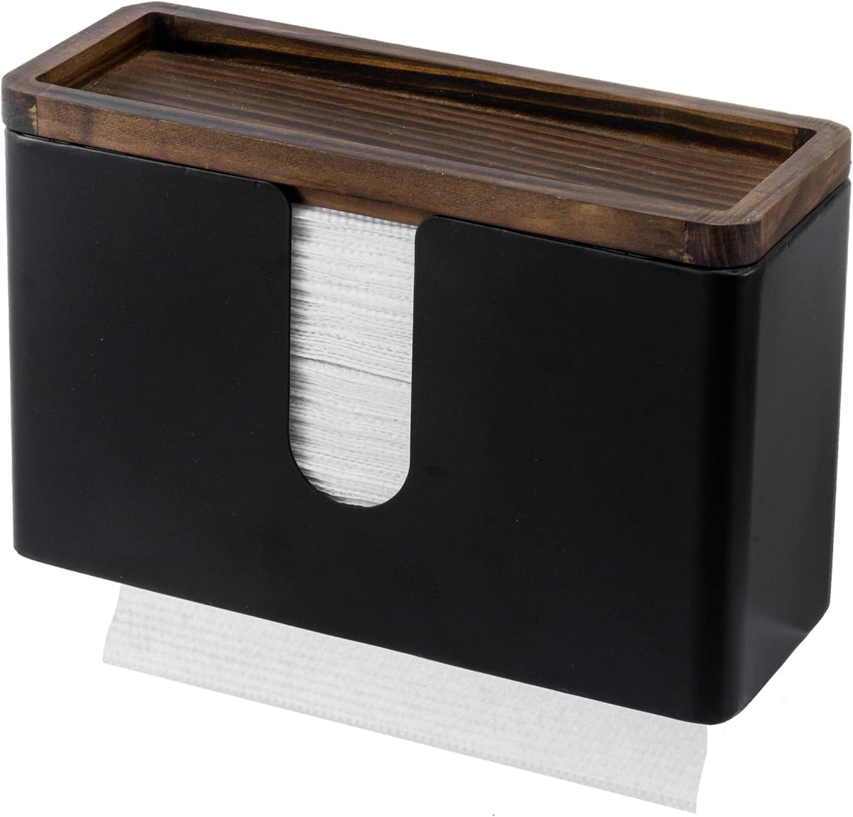 MyGift Deluxe Modern Matte Black Metal Folded Commercial Paper Towel Holder with Rustic Burnt Solid