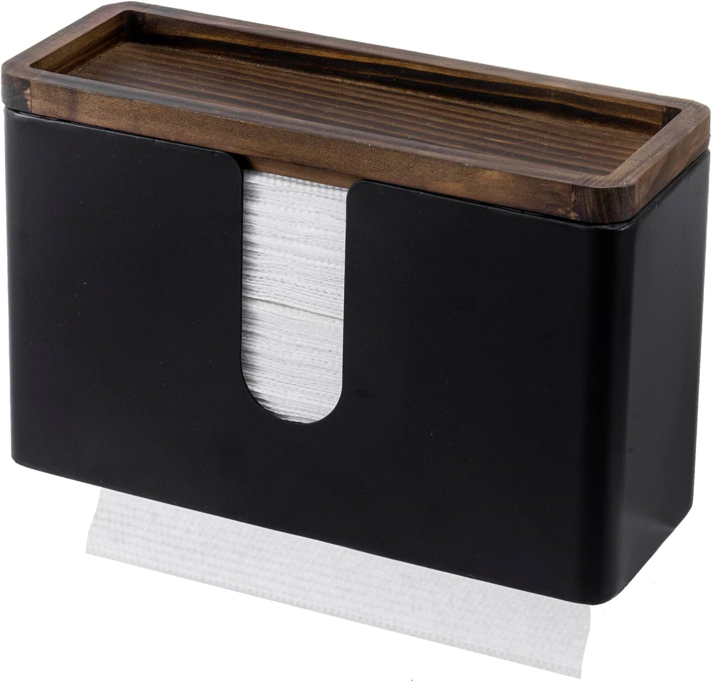 MyGift Deluxe Modern Matte Black Metal Folded Commercial Paper Towel Holder with Rustic Burnt Solid