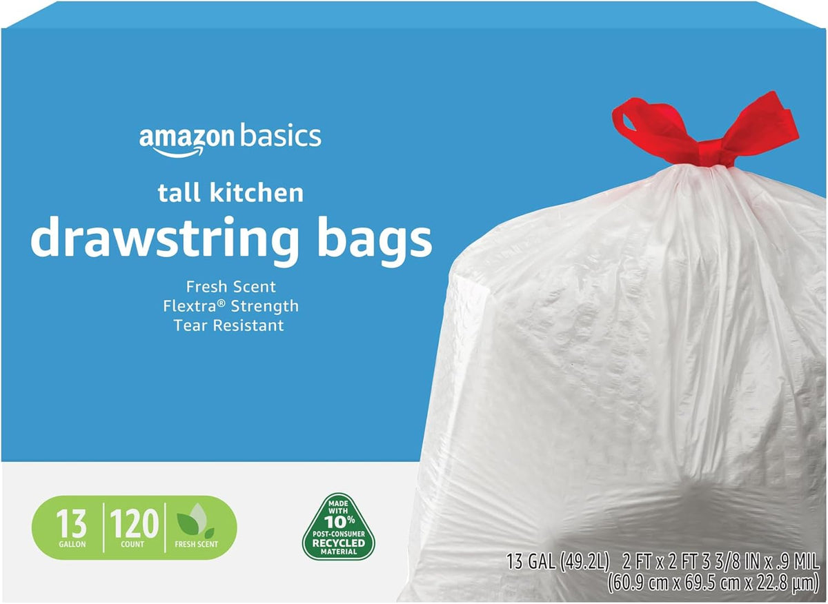 Amazon Basics 13 Gallon Flextra Strength Tall Kitchen Drawstring Trash Bags, Clean Fresh Scnet