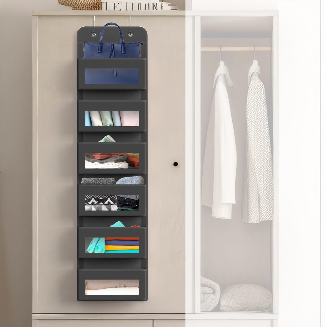 Simple Houseware 6 Clear Window Pocket Over Closet Door Storage Hanging Organizer for Bedroom