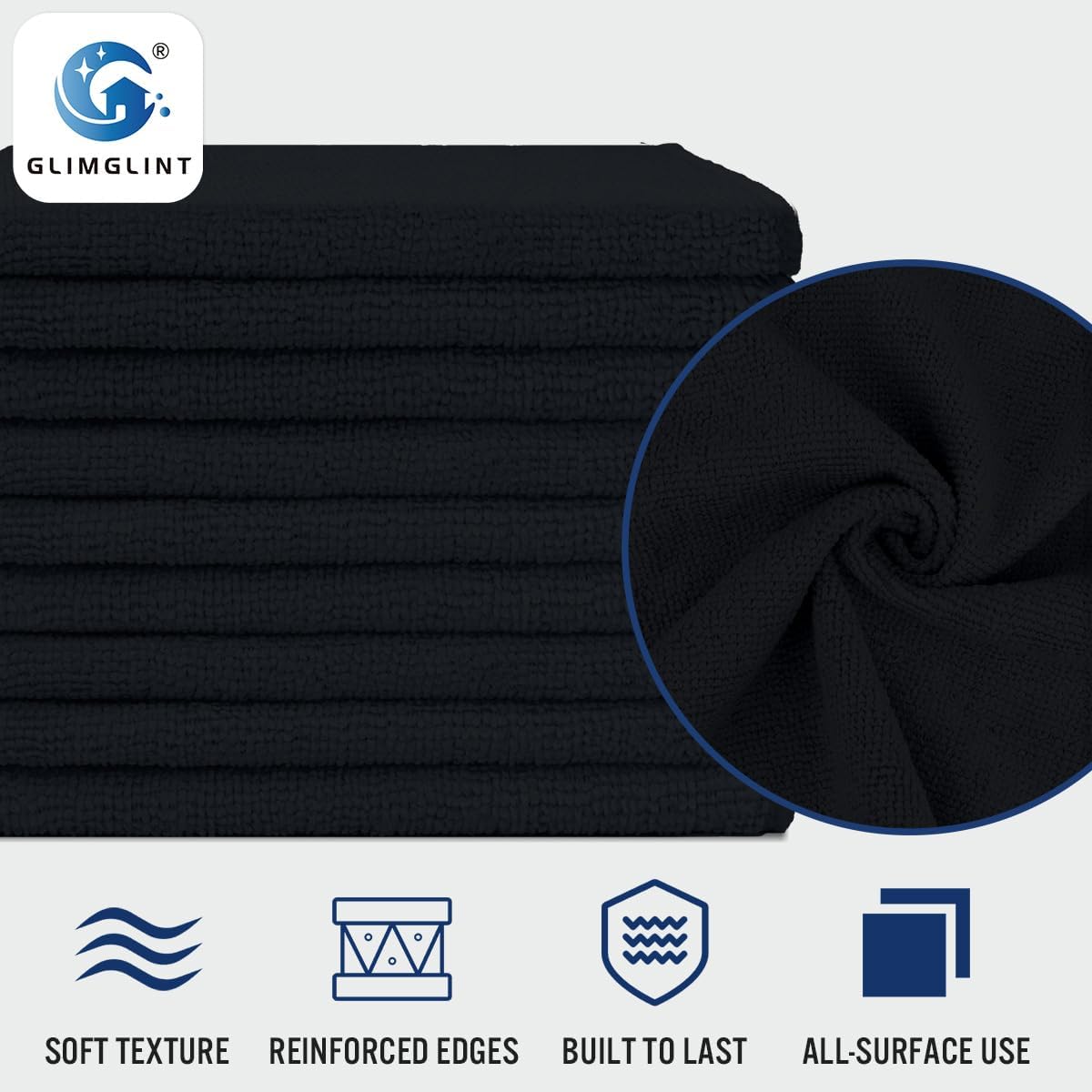 GLIMGLINT Black Microfiber Cleaning Cloth, 150 Pack Microfiber Towels for Cars, Lint Free
