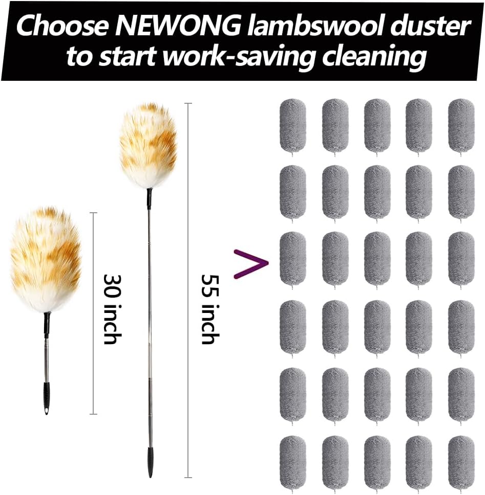 Extendable Lambswool Duster 30-55inch with Aluminium Alloy Handle, Natural Long Feather Duster for