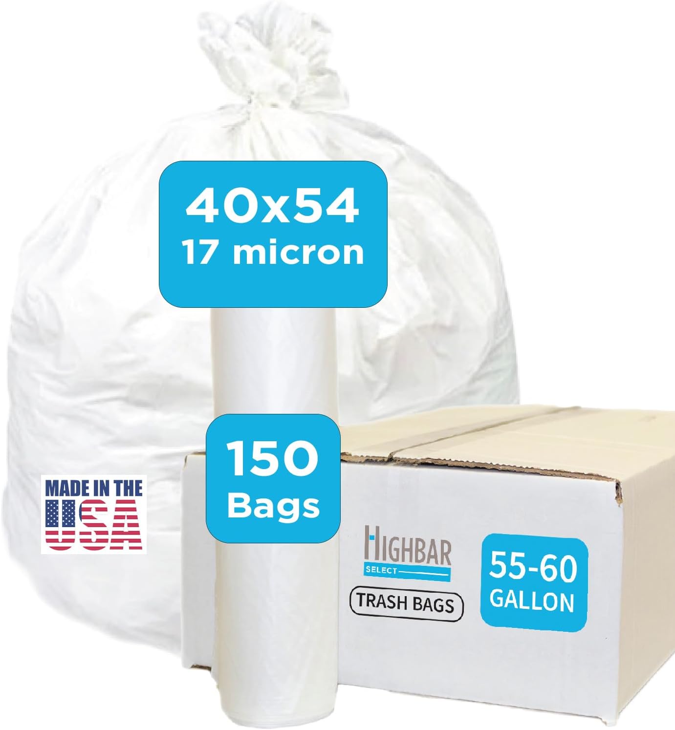 Large Garbage Bag - 55-60 Gallon Capacity, Heavy Duty, High Density, Tear Resistant, Unscented