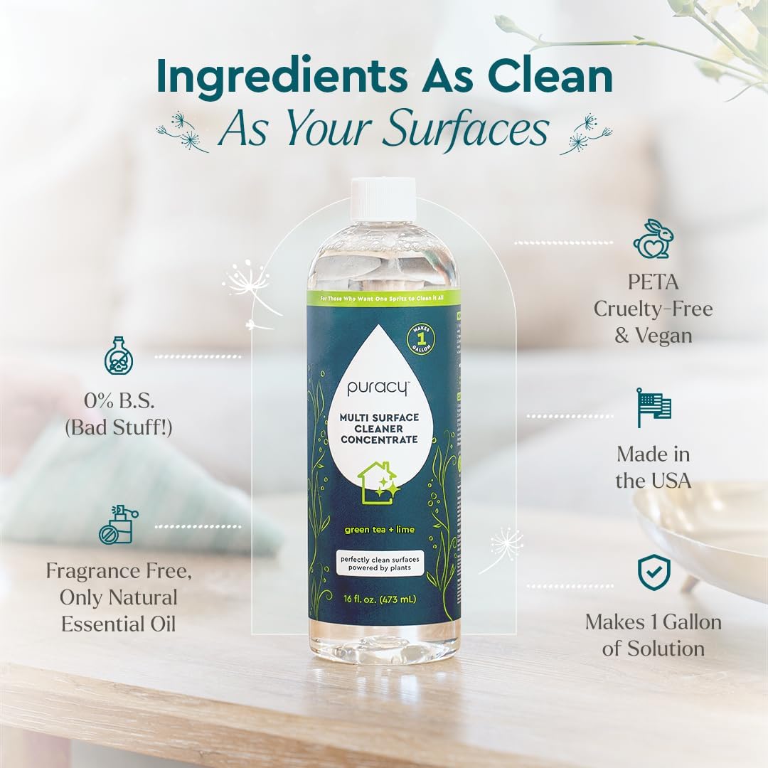 Puracy 99.9% Natural All Purpose Cleaner Concentrate - Makes 128oz Multi Purpose Cleaner - Green