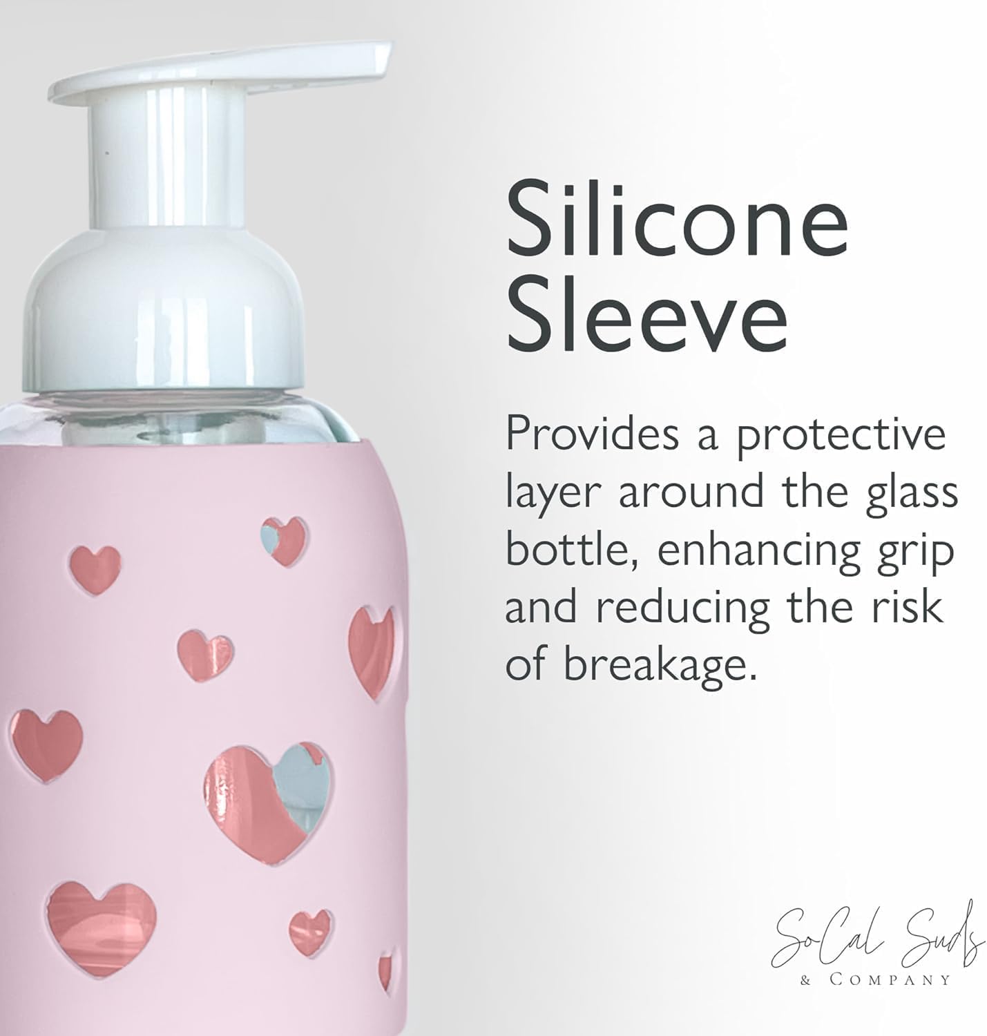 SoCal Suds & Company Glass Foaming Hand Soap Dispenser, Heart Silicone Sleeve, Refillable Pump