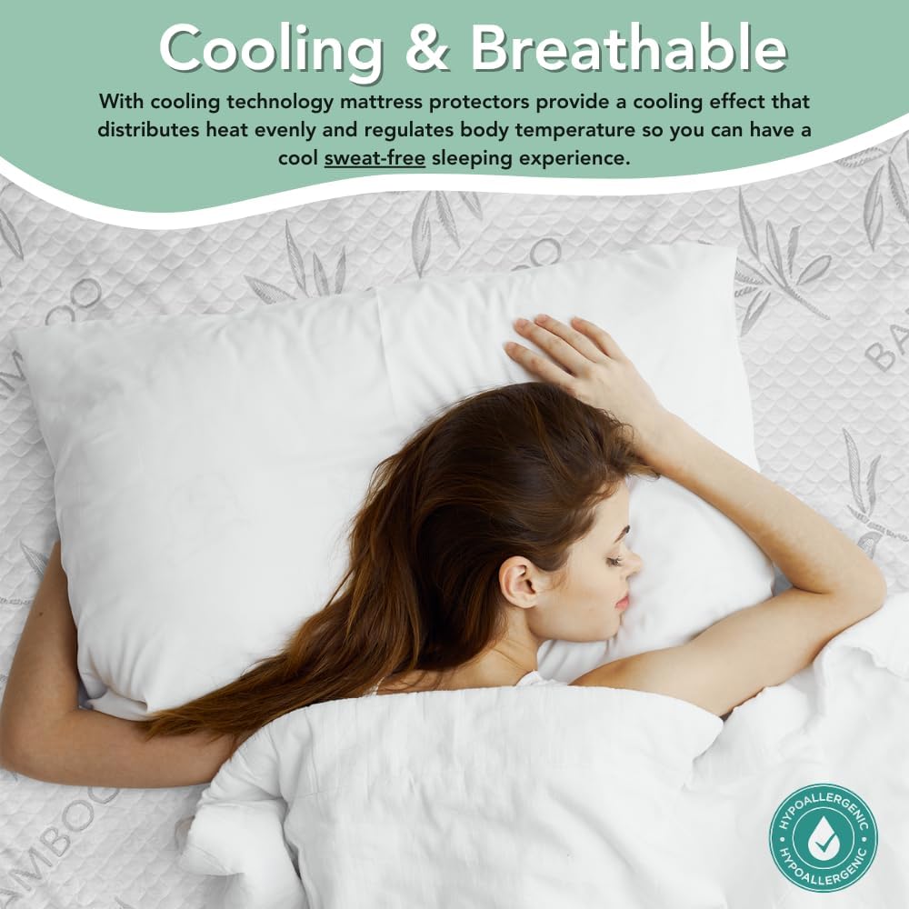 Bamboo Rayon Mattress Protector with Zipper +1 Pillow Protector - 100% Waterproof Cooling Twin Size