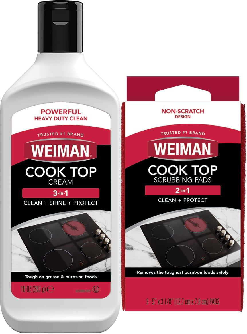 Weiman Ceramic and Glass Cooktop Cleaner - Heavy Duty Cleaner and Polish (10 Ounce Bottle and 3