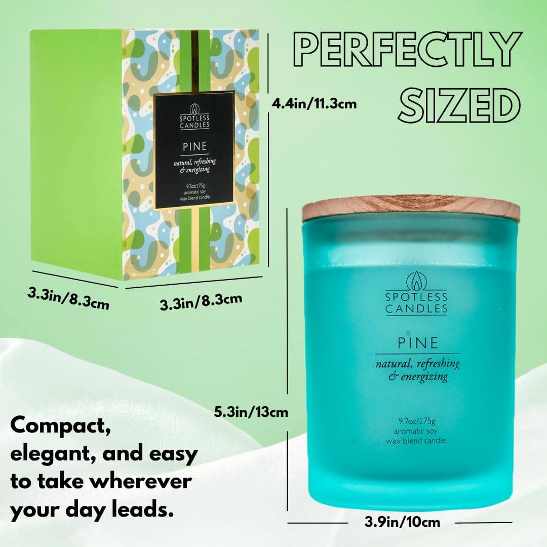 Pine Candle - 9.7 oz /275g 45-55 Hours Burn Time in Green Frosted Glass Jar with Wooden Lid and