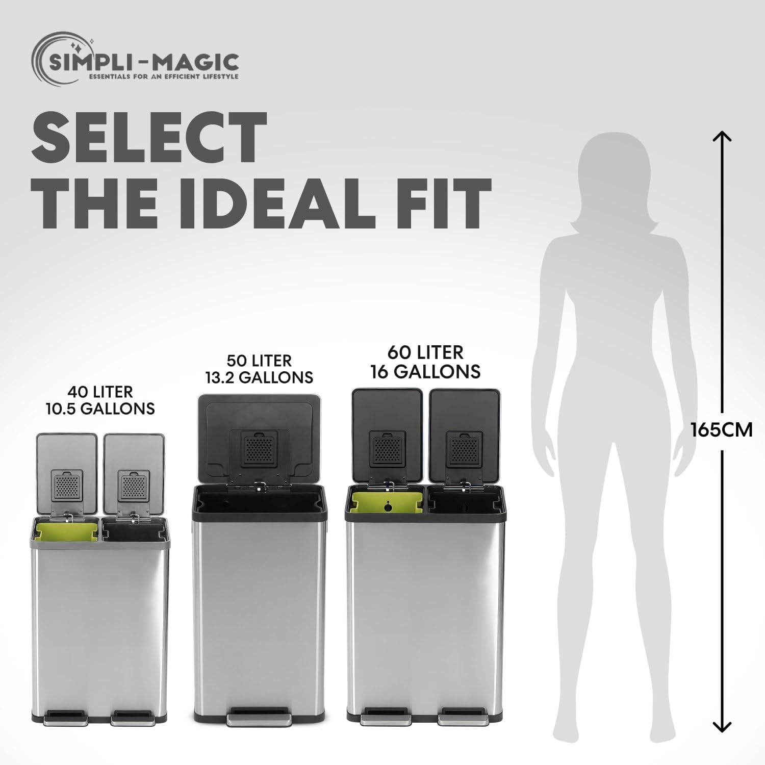 Simpli-Magic 16 Gallon (30L x 30L) Dual Compartment Step Trash Can – Kitchen Garbage Can with