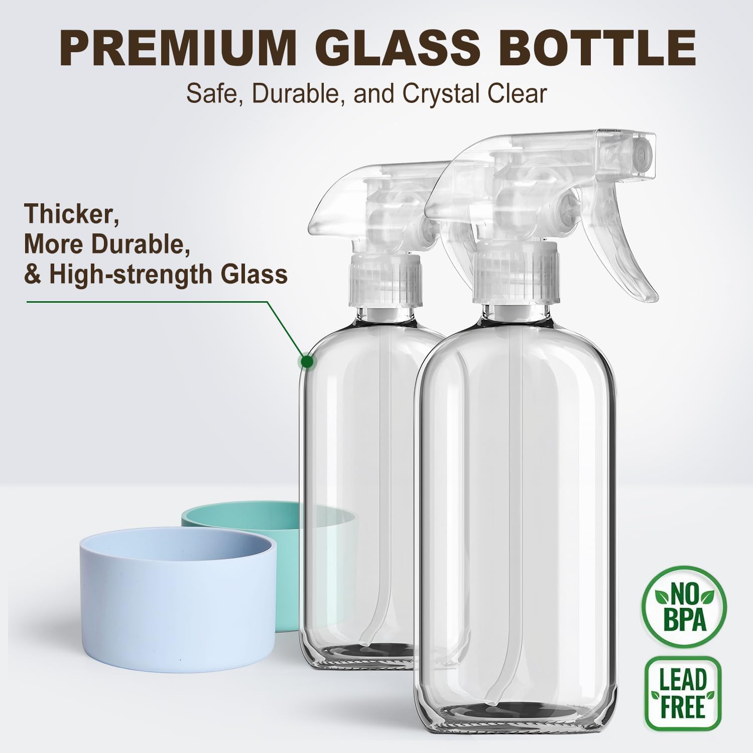 Glass Spray Bottles with Silicone Sleeves (2 Pack, 16 oz), Mist and Stream Empty Refillable